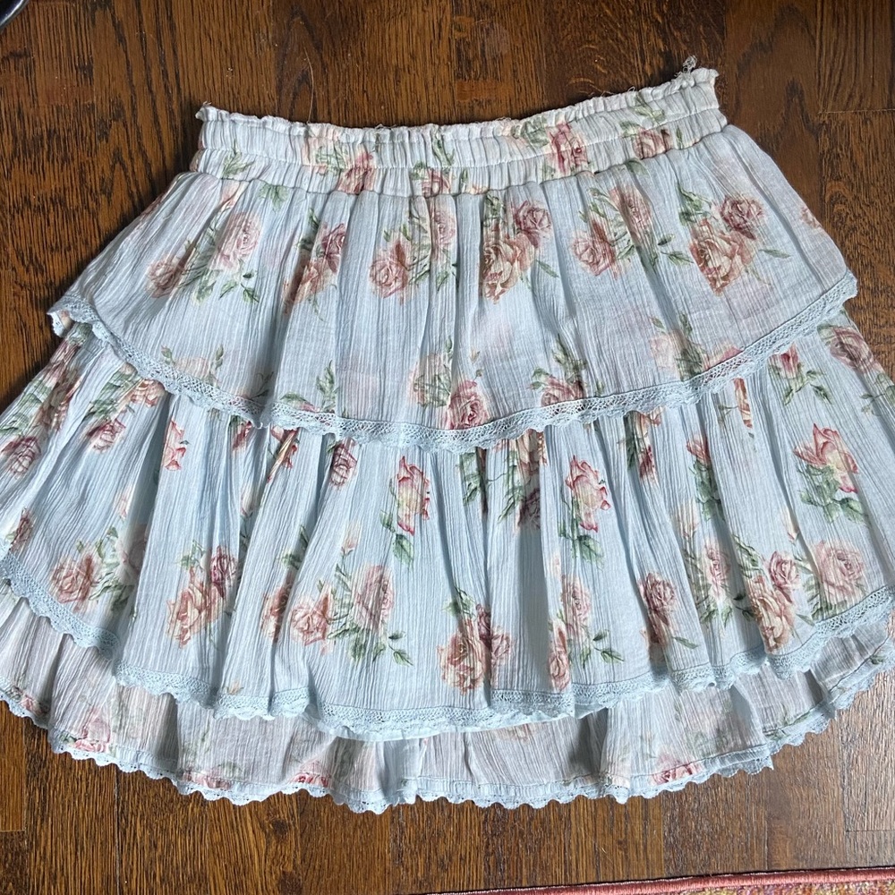 LoveShackFancy ruffle miniskirt blue floral cotton
